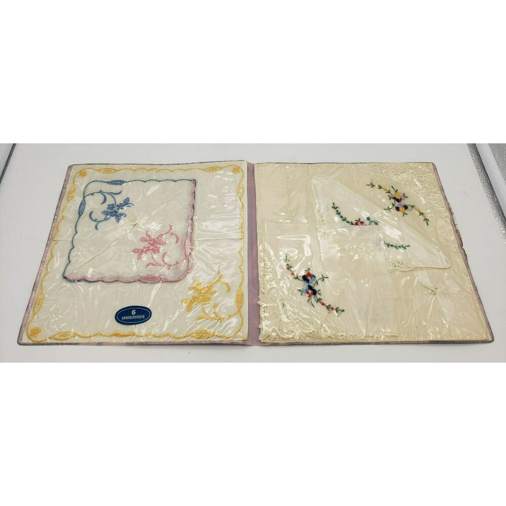 Set of 6 Floral Embroidered Handkerchiefs in original package, NOS, Lace edge